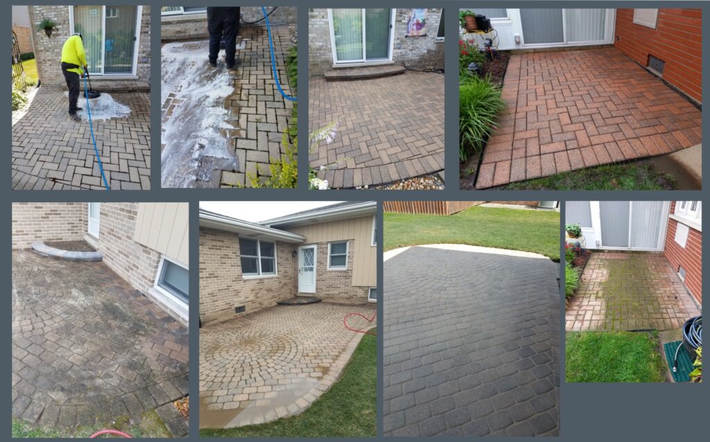 Before and after cleaning of brick paver patios
