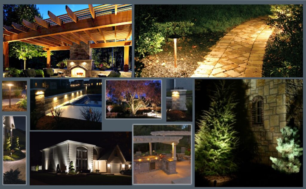 Landscape lighting illuminating and accenting outdoor hardscapes