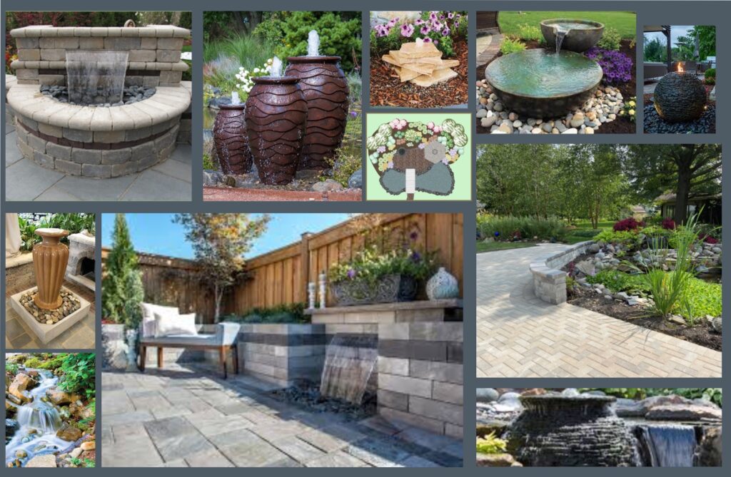 Examples of outdoor water features Unilock fountain, ponds, and pond-less.